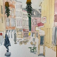 Butcher's Street (Rue Des Bouchers), Brussels, Belgium . Ilustrație tradițională, Pictură în acuarelă, Ilustrație cu cerneală, Ilustrație arhitecturală și Schițe de Justin Stares - 09.24.2021