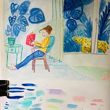 Autoportrait au guépard. Traditional illustration, Sketching, Creativit, Drawing, Watercolor Painting, Sketchbook, and Gouache Painting project by roxelane - 09.30.2021
