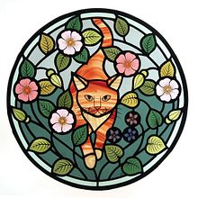 Ginger Cat and Wild Roses Circular Stained Glass Window. Interior Decoration project by Flora Jamieson - 12.07.2021