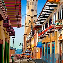 Calle Real, Santuario, Risaralda, Colombia. Paisaje Cultural Cafetero Colombiano PCCC . Un progetto di Illustrazione tradizionale, Architettura, Paesaggismo e Illustrazione digitale di Juan Guillermo Gil Garcia - 20.12.2021