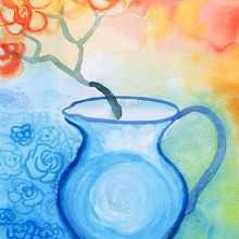 Cherry flowers in the blue jug. Traditional illustration, and Painting project by Eva Lundberg - 04.03.2016