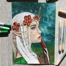 Retrato mujer élfica. Con rotuladores Copic y lápiz. Traditional illustration, Artistic Drawing, and Portrait Drawing project by Silvia Tateo - 03.27.2021