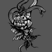 Snake and Peony / tattoo design . Desain, Ilustrasi tradisional, Dan Desain Tato proyek oleh Jasmarie Novak - 01.13.2022