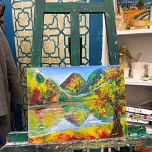 Autumn in mountains. Een project van  Beeldende kunst, Traditionele illustratie, Craft, Schilderij,  Olieverfschilderij,  Tekening y Realistische tekening van Anna Pirog - 11.11.2021