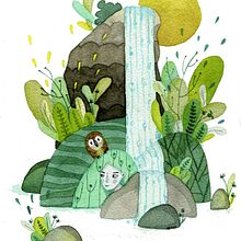 Il gufo e la cascata. Projekt z dziedziny Trad, c, jna ilustracja,  Malarstwo, R, sunek ołówkiem, Malowanie akwarelą, Ilustracje dla dzieci i Narracja użytkownika irenuz - 26.01.2022