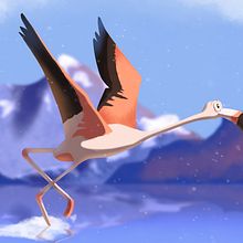 A pink flamingo taking flight . Un proyecto de Ilustración tradicional, Diseño de personajes, Dibujo e Ilustración digital de passeron.mathias - 02.02.2022