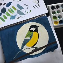 Koolmees bij maanlicht. Projekt z dziedziny Trad, c, jna ilustracja,  Sztuki piękne,  Malarstwo i Malowanie gwaszami użytkownika vonrotz - 09.01.2022