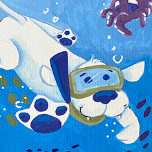 Cachorro Nadador. Un proyecto de Ilustración tradicional, Bellas Artes, Pintura, Pintura a la acuarela, Ilustración infantil y Pintura gouache de Camila Simei - 17.02.2022