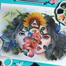 Retrato con naturaleza en acuarela. Painting, Watercolor Painting, and Portrait Drawing project by Diana Agudelo - 02.17.2022