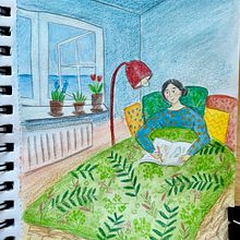 Self portrait with books and sea. Traditional illustration, Sketching, Creativit, Drawing, Watercolor Painting, Sketchbook, and Gouache Painting project by zia_gouel - 03.20.2022