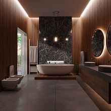 WOODEN BATHROOM. Un proyecto de Diseño de interiores, Modelado 3D y Visualización arquitectónica de Ester Campos - 23.04.2022