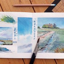 Mein Kursprojekt: Aquarellreiseheft    Insel Amrum im Juni 2022. Traditional illustration, Watercolor Painting, Architectural Illustration, and Sketchbook project by wiebke_99 - 06.08.2022