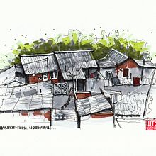 Mein Kursprojekt: Expressive Architekturskizzen mit Markern - Roma Siedlung in Zemun. Un progetto di Bozzetti, Disegno, Illustrazione architettonica, Sketchbook e Illustrazione con inchiostro di Hanspeter Stünzi - 10.06.2022