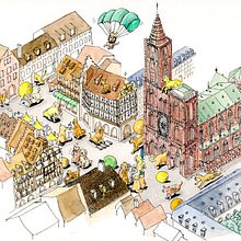 Chiens au centre ville touristique de Strasbourg. Traditional illustration project by Julia Coffre - 06.11.2022
