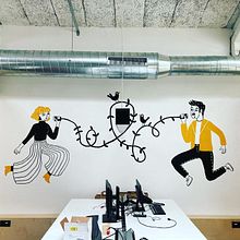 Murales oficinas T-Partner Barcelona. Design, Traditional illustration & Interior Architecture project by Mar Torrano Matalí - 06.13.2022
