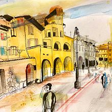 Mein Kursprojekt: Urban Sketching: Halte deine Stadt in Bewegung fest. Projekt z dziedziny Trad, c, jna ilustracja, Sketching,  R, sunek, Malowanie akwarelą,  R, sunek architektoniczn i Sketchbook użytkownika Cordula Altersberger - 27.06.2022