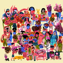 Amor y desamor en un mercado popular . Un proyecto de Ilustración tradicional, Diseño de personajes, Bellas Artes, Pintura y Serigrafía de Gerald Espinoza - 28.06.2022