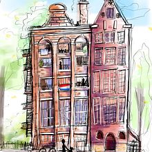 Amsterdam buildings.  My project for course: Expressive Architectural Sketching with Colored Markers. Sketching, Drawing, Architectural Illustration, Sketchbook & Ink Illustration project by hisaruki - 07.15.2022