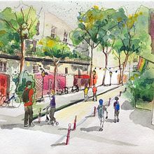 Mon projet du cours : Esquisse urbaine : dessinez une ville en mouvement. Un projet de Illustration traditionnelle, Esquisse , Dessin, Aquarelle, Illustration architecturale , et Carnet de croquis de mina_inverse - 18.07.2022