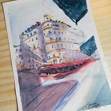 Belle Paris et ses cafés . Esboçado, Desenho, Pintura em aquarela, Ilustração arquitetônica, Sketchbook e Ilustração com tinta projeto de Andreina GilSantander - 18.07.2022
