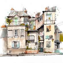 Projet final du cours : Esquisses d'architecture expressives aux feutres de couleur. Sketching, Drawing, Architectural Illustration, Sketchbook & Ink Illustration project by Clémence Monnin - 08.04.2022