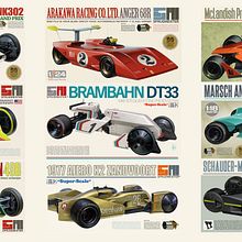 The alt-reality history of automomous racing, as shown through the box art of model kit box art.... Een project van Traditionele illustratie van John Frye - 15.08.2022