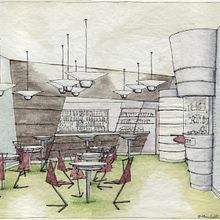 Coffee shop design proposal - 1989. Interior Design, Industrial Design, Interior Architecture, Lighting Design, Furniture Design, and Making project by Mario - 08.13.2022