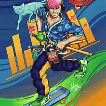 Comic-Art Illustration - "Katana Music" . Traditional illustration, Character Design, Painting, Comic, Street Art, Creativit, Digital Illustration, Stor, telling, Video Games, Concept Art, Children's Illustration, Game Development, Digital Drawing, Digital Painting, Sketchbook, and Editorial Illustration project by Adrian Sonnberger - 09.05.2022