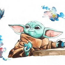 Baby Yoda. Un progetto di Illustrazione tradizionale, Design, Belle arti, Disegno, Creatività, Pittura ad acquerello, Disegno artistico, Disegno di ritratti e DIY di Claudia Acosta García - 23.05.2022