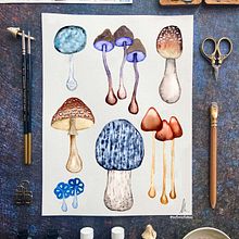 Blue mushrooms . Un proyecto de Pintura a la acuarela de Mayo Moreno - 26.09.2022