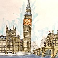 Big Ben. Sketching, Fine Arts, Painting, Street Art, Drawing, Artistic Drawing, and Sketchbook project by mariana_levischi - 10.14.2022