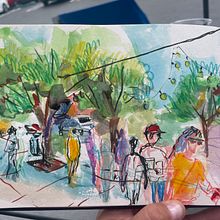While brunching in Santa Monica, California. Een project van Traditionele illustratie,  Schetsen,  Tekening, Aquarelschilderen,  Architecturale illustratie y Sketchbook van stefaniac75 - 16.10.2022