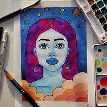 Watercolor Galaxy Girl. Un progetto di Illustrazione tradizionale, Pittura ad acquerello e Character design di Paula de Tierra - 08.11.2022