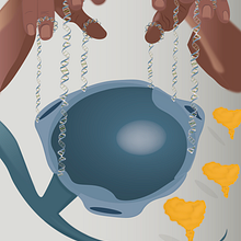 Injuries (represented by human hands) play satellite glial cells as puppets, which strings are genes. Traditional illustration project by Alana Pinheiro - 07.01.2022