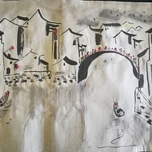 European city and river scene done in a hybrid Western and Chinese painting style. . Ilustração tradicional, Pintura, e Pintura em aquarela projeto de Michele Scott James - 23.11.2022