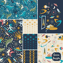 Midcentury Space Adventure. Un progetto di Pattern design, Illustrazione digitale, Illustrazione infantile e Illustrazione tradizionale di Cecca Whetnall - 25.11.2022