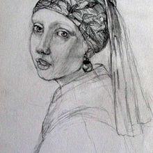 La joven de la perla con pañuelo floreado. Pencil Drawing, Portrait Drawing, Artistic Drawing, and Figure Drawing project by Juan Sánchez - 12.16.2022