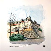 Kardinal Schulte Haus in Bensberg, NRW, Deutschland, von der Westseite aus gesehen. Un progetto di Bozzetti, Disegno, Pittura ad acquerello, Illustrazione architettonica, Sketchbook e Illustrazione con inchiostro di Eva Unrast - 02.01.2023