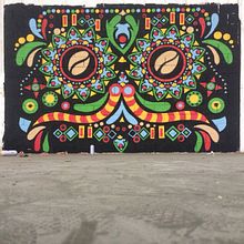 Mural realizado con motivo del “Día de orgullo mexicano en el mundo” para Kaiku Caffè Latte / Sabores Mexicanos. Mural made on the occasion of the “Day of Mexican pride in the world” for Kaiku Caffè Latte / Mexican Flavors.  Ilustración: Rafa Bertone Pint. Un proyecto de Ilustración tradicional, Publicidad, Arte urbano y Diseño de Rafael Bertone - 12.01.2023
