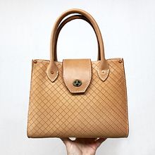 Hand-sewn leather Studio Tote with lattice pattern. Accessor, and Design project by Beth Dow - 01.24.2023