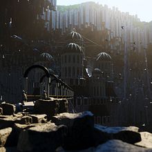 Castle in a cave. 3D Modeling, Graphic Design, 3D, Design, L, scape Architecture, Concept Art, Digital Architecture, 3D Design, and Architectural Illustration project by Domingo Nieva - 02.04.2023
