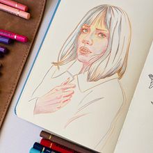 Mon projet du cours : Dessin de portraits expressifs aux crayons de couleur . Drawing, Portrait Drawing, Sketchbook, and Colored Pencil Drawing project by bldn - 03.02.2023