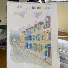 Portree, Isle of Skye: coloured pencil in sketchbook. Traditional illustration, Sketching, Drawing, Artistic Drawing, Sketchbook, Fine Arts, and Pencil Drawing project by esmereldasunset - 03.14.2023