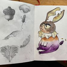 My project for course: Whimsical Sketchbook: Draw Imaginary Creatures from Nature. Pencil Drawing, Drawing, Watercolor Painting, Sketchbook, and Naturalistic Illustration project by xiaoflycat - 03.27.2023