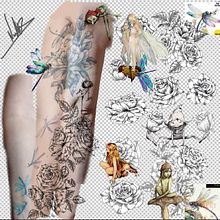 Tatuaje complementario de rosas, pixies y libélula. Un projet de Design , Conception de tatouage et Illustration traditionnelle de Nuria Sónica - 05.04.2023