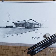 Meu projeto do curso: Desenho arquitetônico urbano com tinta: Pavilhão da Alemanha - Arquiteto: Ludwig Mies Van Der Rohe - Barcelona / Espanha. Ilustração tradicional, Esboçado, Desenho, Ilustração arquitetônica e Ilustração com tinta projeto de Débora Jackeline Tozze - 26.04.2023