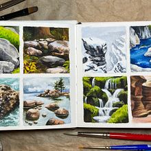 My first attempt at Acrylic Gouache about a month ago—practicing scenes with rocks (in A6 sketchbook) (I'm THRILLED to have found a course that focuses on acrylic gouache use!). Painting, Fine Arts, Acr, lic Painting, Sketchbook, and Gouache Painting project by Amy Pak - 04.27.2023