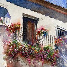 Andalusian balcony study ahead of one of my watercolour journalling retreats! . Un proyecto de Pintura a la acuarela de Sarah Stokes - 19.05.2023