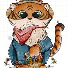 Florist Tiger. Ilustração tradicional, Design de personagens, Ilustração digital, Ilustração infantil, e Desenho digital projeto de Poly Irinkova - 03.06.2023