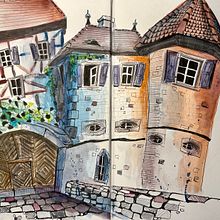 moated castle - inspired by the style of ian fennelly. Un projet de Illustration traditionnelle, Aquarelle, Art urbain , et Carnet de croquis de Pascal - 04.07.2023